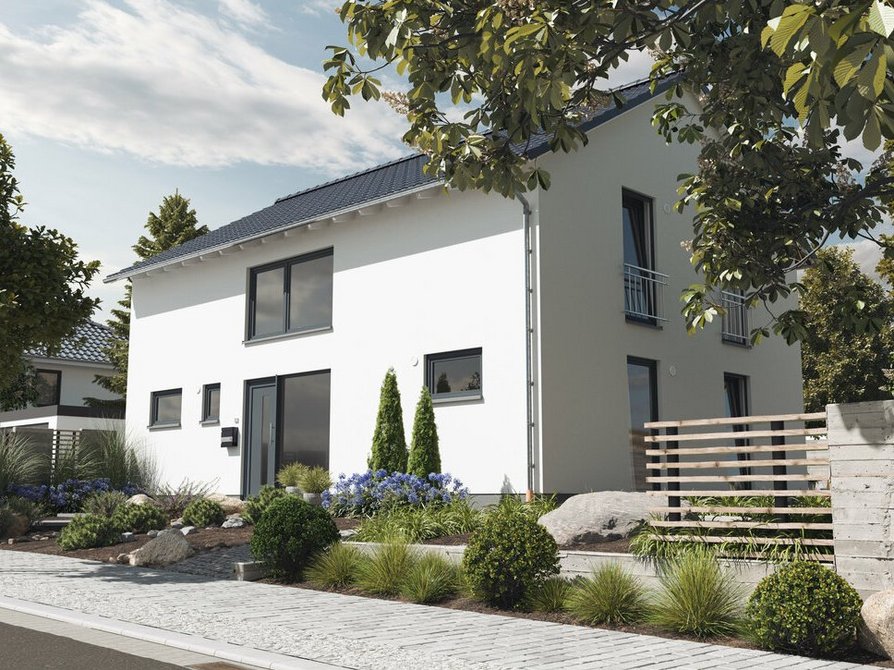 Das Landhaus 142 Modern Elegance bietet von der Straße aus betrachtet optionalen Carport, farbige Fassade, bodentiefe Fenster und Vorgarten für einladenden Charme.