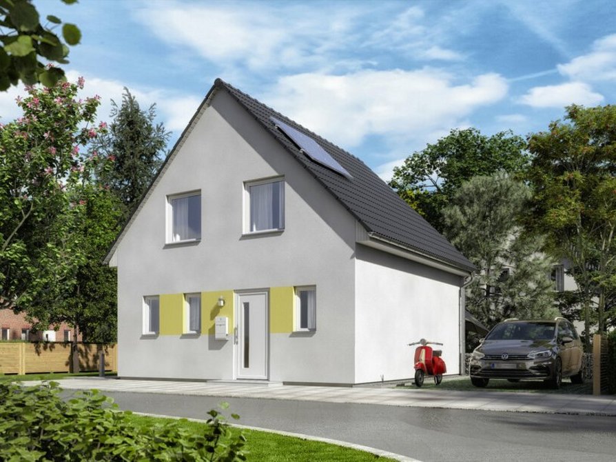 Das Raumwunder 90 mit Blick von der Straße auf das Haus in der Variante Trend mit farblichem Akzent und Anthrazit Satteldach
