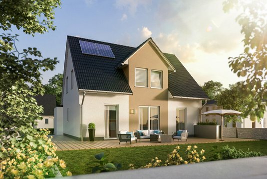 Flair-125-Garten-Trend-1 Gartenansicht des Einfamilienhauses.