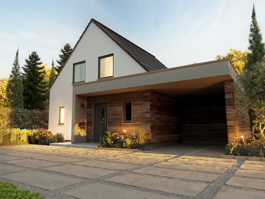 das Raumwunder 100 mit optionalem Carport und Eingangsbereich in Holz-Optik und Vordach