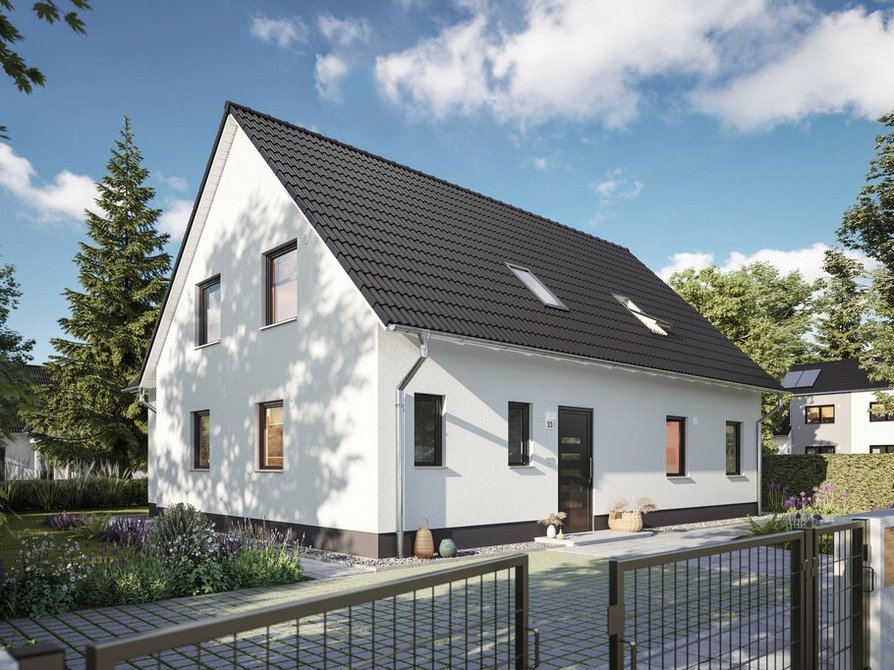 Die Elegance Variante des Zweifamilienhauses Domizil 192 bietet einen ansprechenden Blick von der Straße aus