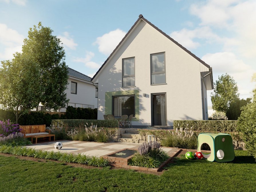Das Einfamilienhaus FürDich mit Satteldach und Blick in den Garten und auf Terrasse.