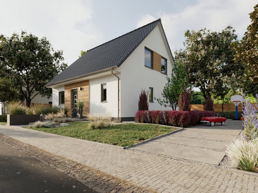 Ansicht von Straße auf das Flair 110 in Variante Elegance mit optionalen Holz-Elementen