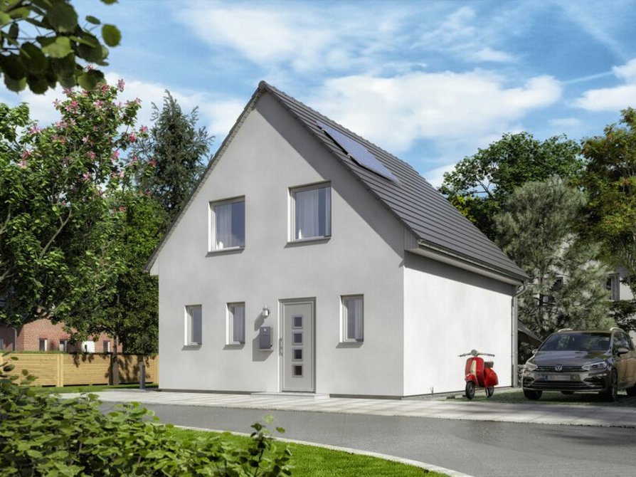 Blick von der Straße auf das Raumwunder 90 mit Satteldach und Variante Elegance