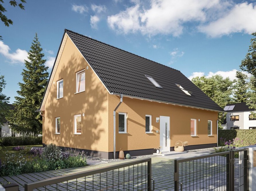 Blick von der Straße auf das Zweifamilienhaus Domizil 192 in der Variante Trend