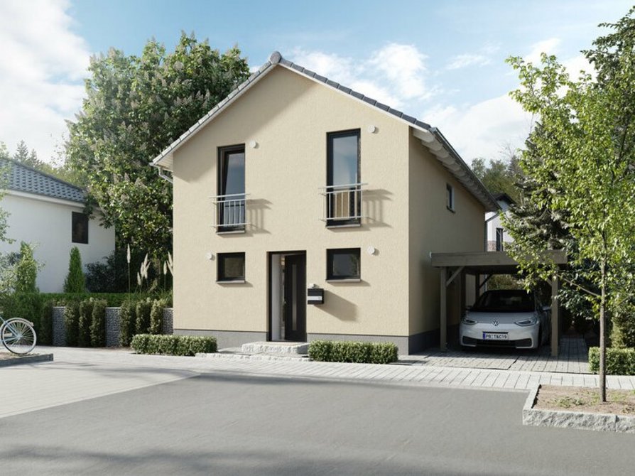Straßenansicht des Aura 125 in Variante Trend mit optionalem Carport