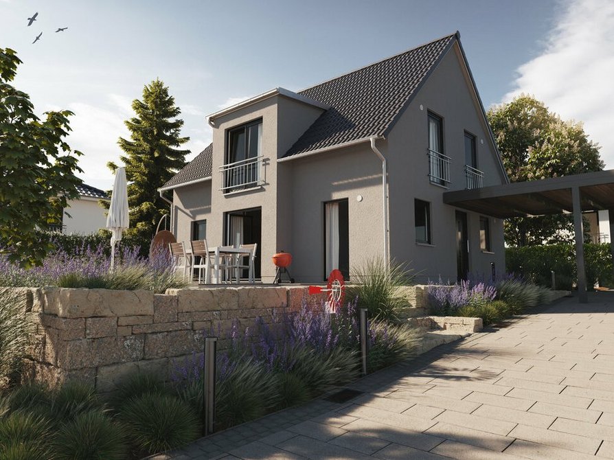 Das Lichthaus 121 in Variante Trend mit Blick in den Garten und Carport
