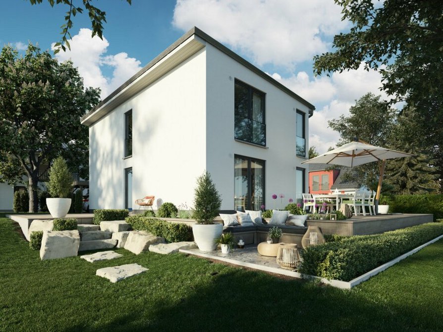 Das Stadthaus Aura 136 mit modernem Pultdach, bodentiefen Fenstern für einen herrlichen Blick in den Garten