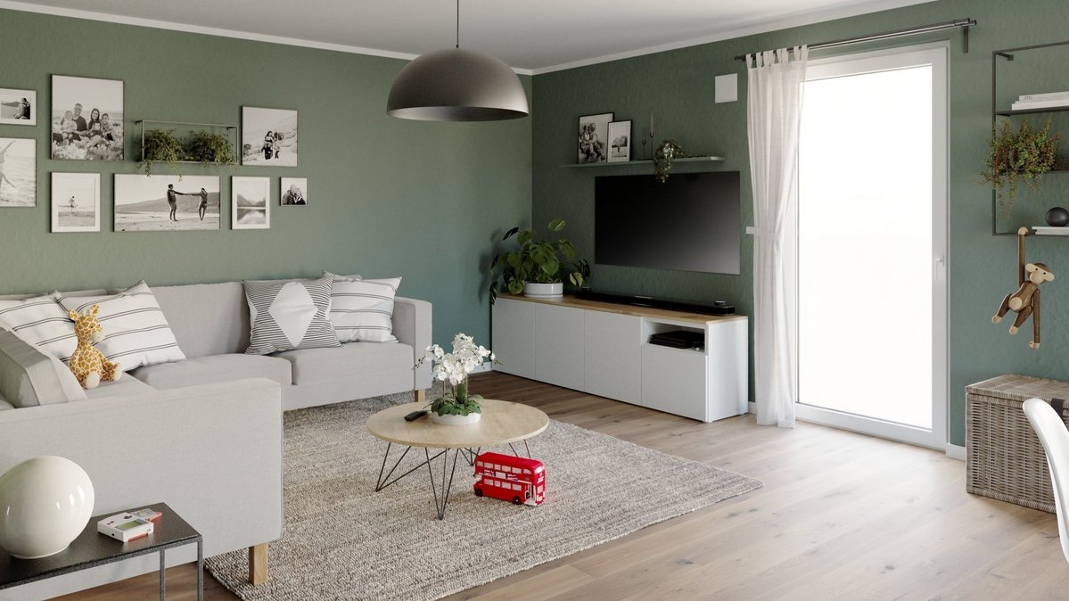 Wohnzimmer mit nachhaltigen Möbeln aus Massivholz und Recyclingstoffen. Bewusster Möbelkauf verbindet Design mit Verantwortung.