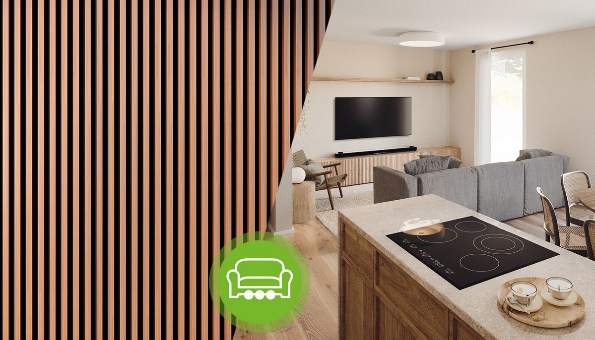 Holzakustikpaneele an Wand und Decke verbessern den Klang im Raum, sorgen für mehr Ruhe und ergänzen moderne Einrichtungsstile perfekt.