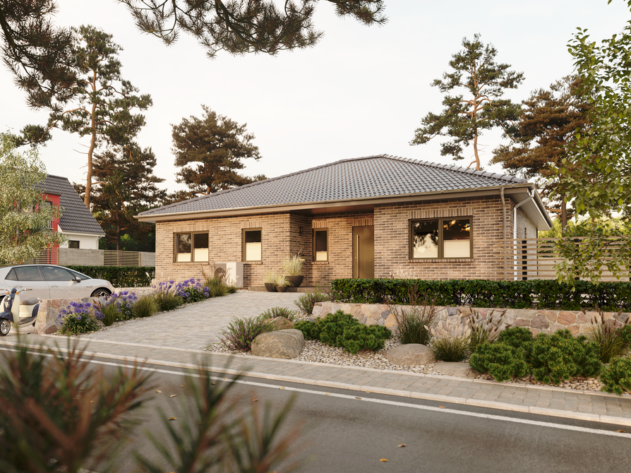 Zeitloser Bungalow 128 mit dunkler Klinkerfassade Cinder Kohle, gepflegte Vorgartengestaltung mit Hecken und Steinen