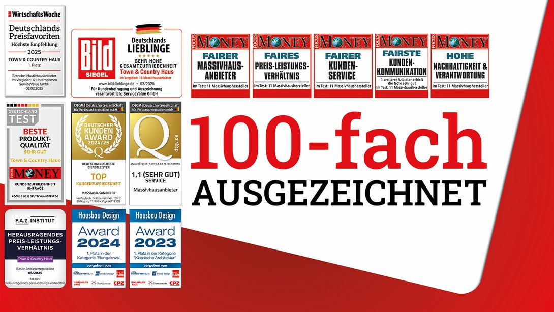 Abbildung mehrerer Auszeichnungen und Qualitätssiegel von Town & Country Haus – zeigt die vielfach bestätigte Qualität und Sicherheit beim Hausbau