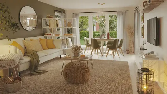 Offener Wohnbereich im Bungalow 128 mit gemütlichem Wohnzimmer, angrenzendem Essbereich und bodentiefen Fenstern mit Blick in den Garten